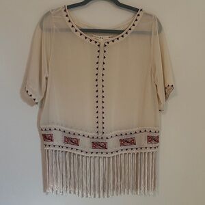 Chelsea & Violet Cream Blouse with Red Beading and Fringe